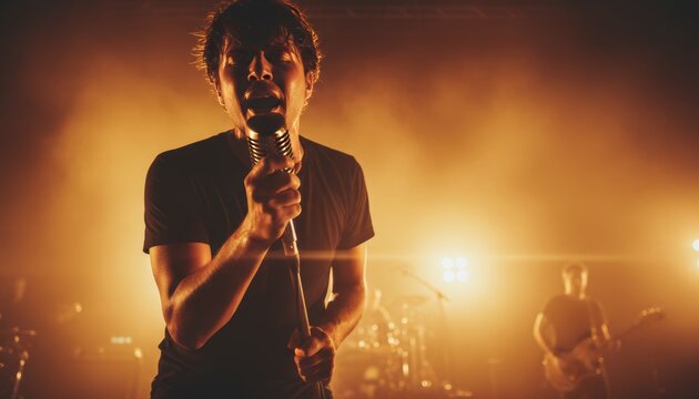 Passionate male rock singer with sweaty hair performs live on stage, singing into a vintage microphone during an energetic concert with warm, hazy lighting