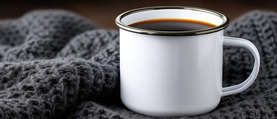 Cozy morning scene with a warm cup of coffee resting on a soft knitted blanket in a comfortable setting