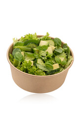 Bowl with green salad and avocado isolated on white background