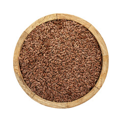 Wooden plate with flax seeds on white isolated background