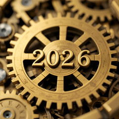 Golden year 2026 prominently displayed on a large intricate brass gear mechanism symbolizing future planning