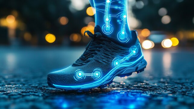 Futuristic Running Shoe with Integrated Technology, Glowing Blue Circuits, Innovation in Footwear Design, Nighttime Urban Setting, Motion and Connectivity