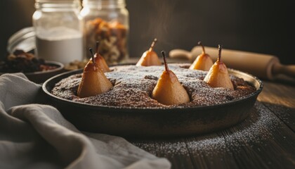 Freshly baked pear spice cake with whole caramelized fruits, steaming hot and dusted with icing sugar in a rustic cast iron pan, creating a warm and cozy autumn dessert