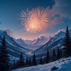Spectacular golden fireworks illuminate a snowy mountain valley village celebration under a twilight sky