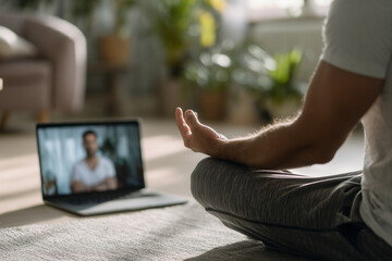 Japanese man joining a virtual fitness coaching session at home, sitting on floor. Inclusive wellness, trainer visible on screen, remote training atmosphere. Man in virtual fitness coaching session.