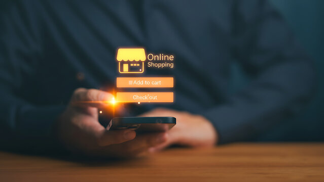 Online shopping concept with a person using smartphone and glowing virtual store icon. Representing e-commerce, digital retail, mobile payment, and internet business technology. online shopping