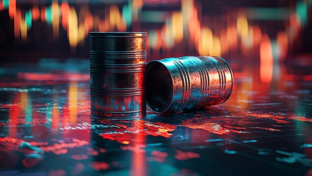 Oil Price Fluctuation: Two Metal Barrels Reflecting Stock Market Chart, Representing Crude Oil Trading, Investment Risks, and Global Economic Volatility