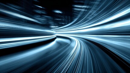 Curved high-speed road with motion blur and cool-toned lines showcasing advanced technology.