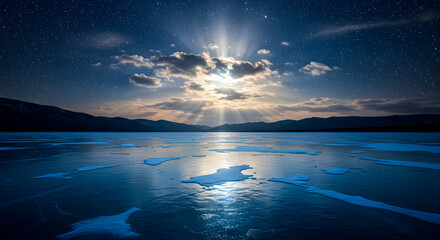 Magical Moonlit Ice on a serene lake with bright sun rays breaking through clouds, illuminating the starry night sky above distant mountains, creating a dreamlike winter landscape