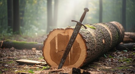 sword stab on wood log