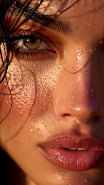 Primer plano de un rostro femenino con gotas de agua, resaltando la belleza natural y la frescura.