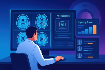 Medical professional analyzing AI driven radiological data on desktop screen with advanced imaging results revealing insights into urgency and diagnostic efficiency