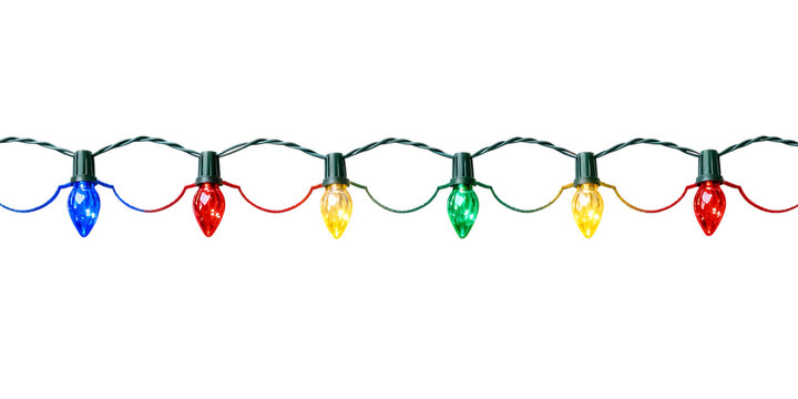 Festive multicolored holiday string lights with classic C7 bulbs illuminated for celebration decor