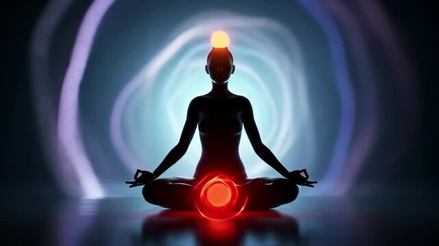 Glowing chakras and meditative silhouette with vibrant energy surrounded by colorful waves. The image represents harmony and balance through chakra illumination and meditation in tranquil settings.