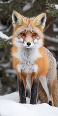 Fototapeta premium Stunning winter scene featuring a red fox beautifully captured in fresh snow among evergreen trees.