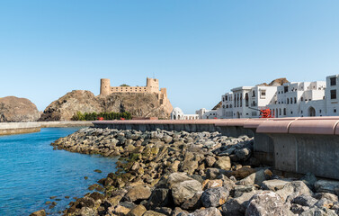 View of Al Jalali Fort as seen from the Al Mirani Fort area, located near the Sultan Qaboos Palace in Muscat, Oman.