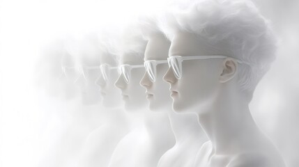 Conceptual image of multiple man profiles with white hair and white glasses, blurred to represent thought or progression of ideas Cloud Dancer Color of the Year 2026