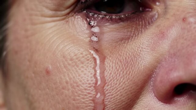 Emotional close-up of woman's face with mascara running down cheeks due to tears. Tears streaming highlight feelings of sadness and vulnerability. Concept of emotional expression in photography.