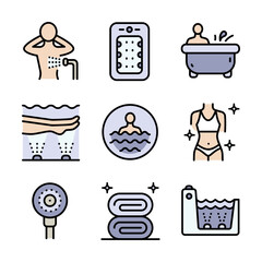 Hydro massage color icons set. Spa aqua. Park bathing. Health care and medical vector symbols isolated on white background.