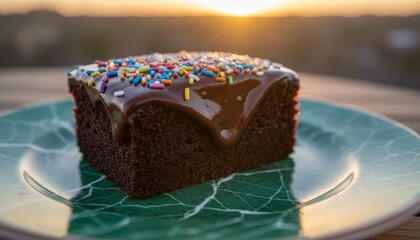 Single square piece of chocolate cake topped with rich ganache and rainbow sprinkles is served on a green ceramic plate with warm sunset light