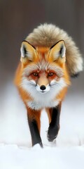 Fototapeta premium Alert Red Fox Walking Through Fresh Snow in Winter Landscape, Eyes Glowing Bright Orange in Focus