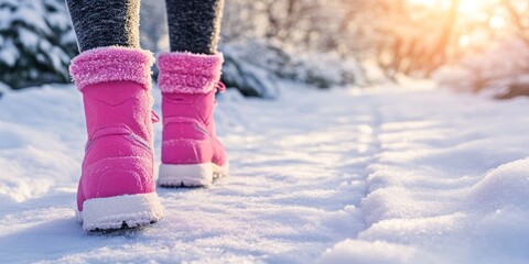 Stylish Pink Winter Boots on a Snowy Path Embracing Fun and Warmth in Winter Adventures