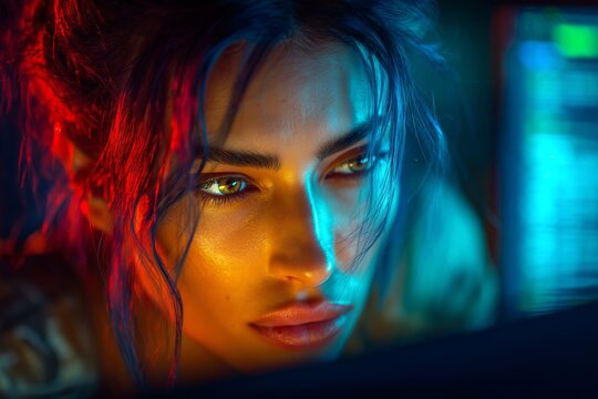 A woman’s face glows under neon red and blue light, eyes focused on a screen—cyberpunk intensity. Tech meets allure in this moody, futuristic portrait.