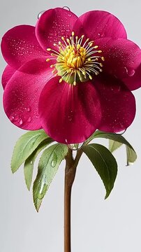 Close-up of a vibrant red hellebore flower with green leaves on a white background, showcasing its delicate petals and yellow stamens.