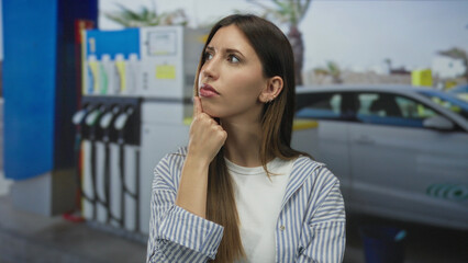 Young hispanic woman with hand on chin by fuel pump beside parked car at street petrol station  thinking. © Krakenimages.com