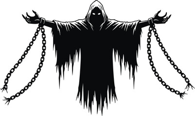 Black Silhouette of a Spooky Ghost or Wraith with Ragged Cloak and Broken Chains; Vector Icon for Halloween, Horror, Dark Fantasy, and Spirit Concepts