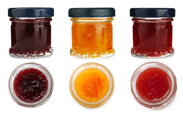 Collection of jars with different jams isolated on white. Top and side view