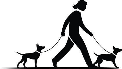 Black Silhouette of a Person Walking Two Dogs on Leashes Outdoors; Vector Icon for Pet Care, Dog Walking Service, Responsibility, and Animal Love Concepts