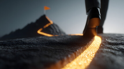 A close-up of a businessman's foot walking along a glowing path toward a mountain peak with a flag, symbolizing ambition and the journey to success.