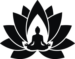 Black Silhouette of Person Meditating in Lotus Pose Within a Sacred Flower; Vector Icon for Yoga, Spirituality, Zen, Wellness, and Relaxation Concepts