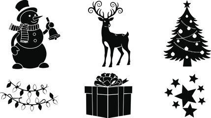 Set of Black Christmas Silhouette Icons: Snowman, Reindeer, Tree, Gift Box, and Stars; Vector Collection for Winter Holiday and New Year Design
