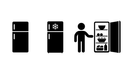 Refrigerator choices icons for modern kitchens, energy efficiency, and food storage solutions in vector format, showcasing open and closed options