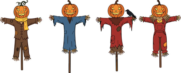 Set of Four Cartoon Halloween Scarecrows with Jack-O'-Lantern Pumpkin Heads: Spooky Autumn Farm Decorations in Colorful Rags, Ideal for Harvest Festival Artwork