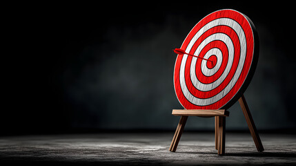 "Red and white bullseye target on a tripod stand against a dark background, emphasizing goal setting and focus, minimalistic design, inspiration, motivation, empty space for text."