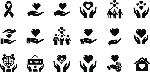 Global Charity Donation and Support Icons: Hands Holding Hearts, Ribbon, and Family; Black Vector Collection for Volunteer, Care, and Awareness Concepts