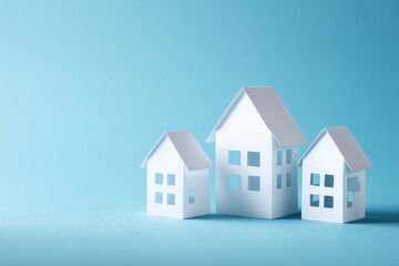 Minimal white paper houses on blue surface symbolizing real estate market property investment and modern housing concept