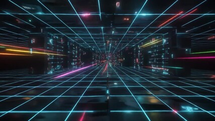 Futuristic Neon Grid Tunnel with Glowing Lines and Cubes in Motion abstract background - Powered by Adobe