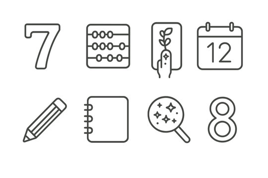 Numerology Icon Set. Line style icons of Numerology: Number Significance, Birth Date, Mystical Interpretation, Calculation; Abacus
