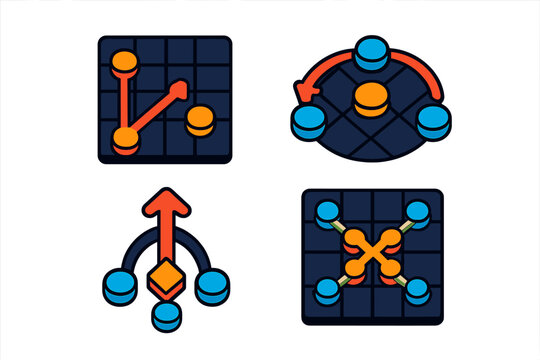 Tactical Game Icons. Isometric vector illustration set Tactical Game Concepts: Opening strategy diagram, surrounding maneuver,