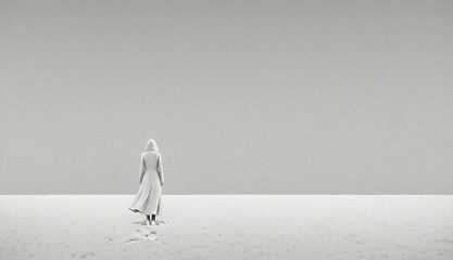 Solitary figure in a hooded coat walking away against a vast snowy white landscape with copy space