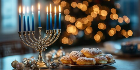A menorah glows with lit candles beside golden doughnuts, symbolizing the warmth, tradition, and sweetness of Hanukkah. The image captures festive joy, cultural heritage, and cozy intimacy.