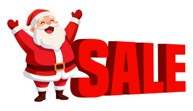 Cheerful cartoon Santa Claus celebrating big Christmas sale, happy Santa character in red suit with raised arms next to bold 3D SALE text, festive holiday shopping promotion illustration