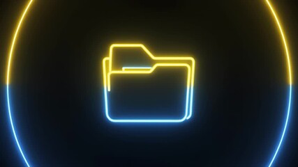 Neon Folder Icon with Blue and Yellow Outline Inside Glowing Circles on Black Background Keywords: folder, icon, symbol, file, document, storage, data, digital, organization, management