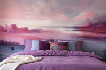 A Beautiful Bedroom Featuring a Landscape Wall Mural with a Peaceful and Calm Ambiance Created by the Light Colors.
