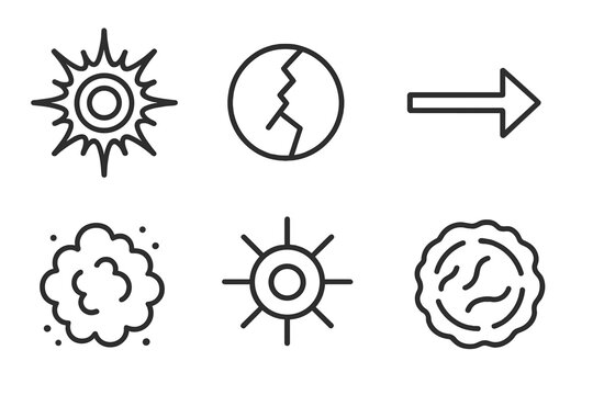 Nucleosynthesis Icons. Line style icons of Nucleosynthesis in Supernovae: stellar shockwave, iron core collapse, r-process arrow,