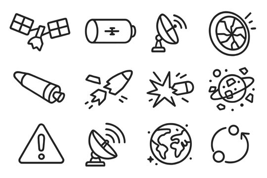 Space Debris Icons. Line style icons of space debris: broken panel, fuel tank, detached antenna, shattered lens; rocket body,